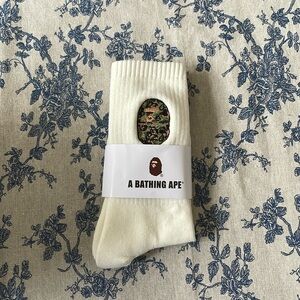 Bape Long Cotton Logo Embroidered White Sports Socks